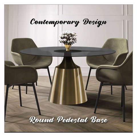Prynn Modern Round Dining Table with a Sintered Stone/Glass Top in Black Stainless Steel Base