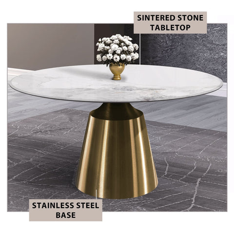 Prynn Modern Round Dining Table with a Sintered Stone/Glass Top in Black Stainless Steel Base