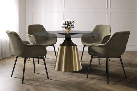 Prynn Modern Round Dining Table with a Sintered Stone/Glass Top in Black Stainless Steel Base
