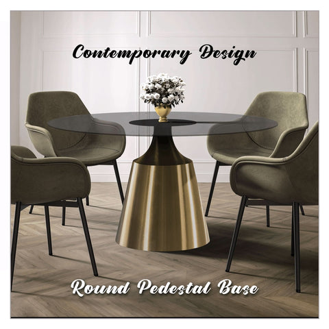 Prynn Modern Round Dining Table with a Sintered Stone/Glass Top in Black Stainless Steel Base