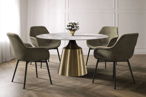 Prynn Modern Round Dining Table with a Sintered Stone/Glass Top in Black Stainless Steel Base