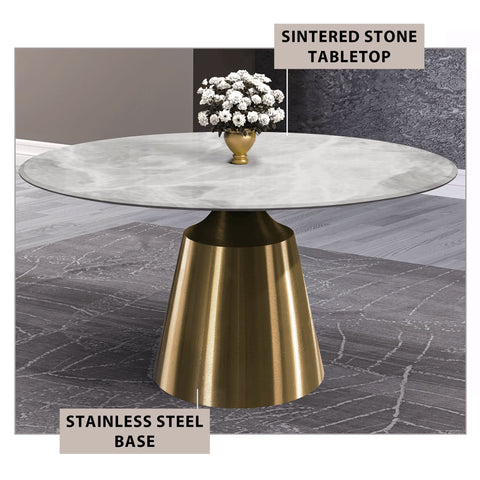 Prynn Modern Round Dining Table with a Sintered Stone/Glass Top in Black Stainless Steel Base