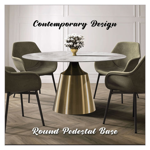 Prynn Modern Round Dining Table with a Sintered Stone/Glass Top in Black Stainless Steel Base
