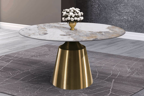 Prynn Modern Round Dining Table with a Sintered Stone/Glass Top in Black Stainless Steel Base