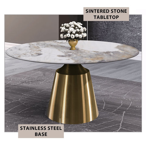 Prynn Modern Round Dining Table with a Sintered Stone/Glass Top in Black Stainless Steel Base