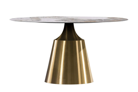 Prynn Modern Round Dining Table with a Sintered Stone/Glass Top in Black Stainless Steel Base