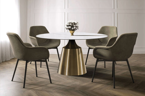 Prynn Modern Round Dining Table with a Sintered Stone/Glass Top in Black Stainless Steel Base