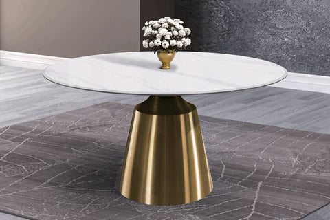 Prynn Modern Round Dining Table with a Sintered Stone/Glass Top in Black Stainless Steel Base