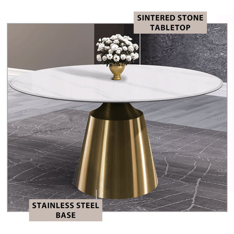 Prynn Modern Round Dining Table with a Sintered Stone/Glass Top in Black Stainless Steel Base