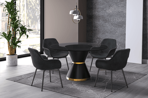 Modern Round Dining Table with a Glass/Stone Tabletop in Stainless Steel Seats 6-10 Qorvus Collection