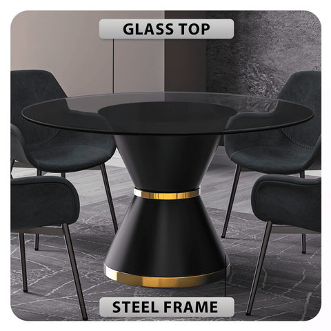 Modern Round Dining Table with a Glass/Stone Tabletop in Stainless Steel Seats 6-10 Qorvus Collection