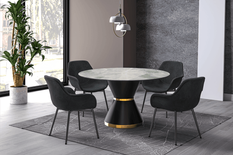 Modern Round Dining Table with a Glass/Stone Tabletop in Stainless Steel Seats 6-10 Qorvus Collection