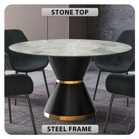Modern Round Dining Table with a Glass/Stone Tabletop in Stainless Steel Seats 6-10 Qorvus Collection