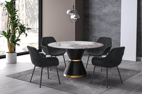 Modern Round Dining Table with a Glass/Stone Tabletop in Stainless Steel Seats 6-10 Qorvus Collection