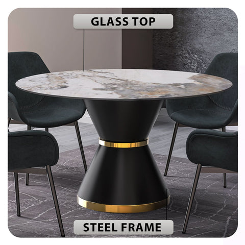 Modern Round Dining Table with a Glass/Stone Tabletop in Stainless Steel Seats 6-10 Qorvus Collection