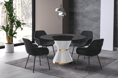 Modern Round Dining Table with a Glass/Stone Tabletop in Stainless Steel Seats 6-10 Qorvus Collection