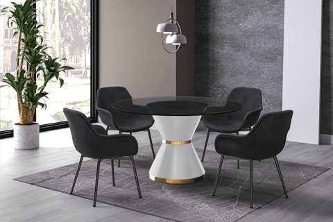 Modern Round Dining Table with a Glass/Stone Tabletop in Stainless Steel Seats 6-10 Qorvus Collection