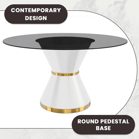 Modern Round Dining Table with a Glass/Stone Tabletop in Stainless Steel Seats 6-10 Qorvus Collection