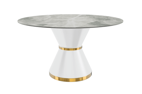 Modern Round Dining Table with a Glass/Stone Tabletop in Stainless Steel Seats 6-10 Qorvus Collection