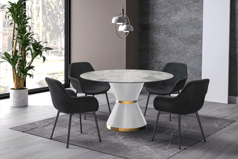 Modern Round Dining Table with a Glass/Stone Tabletop in Stainless Steel Seats 6-10 Qorvus Collection