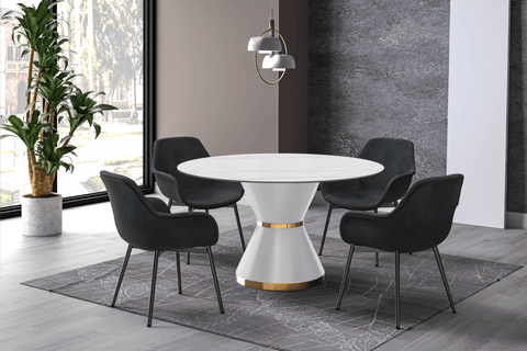 Modern Round Dining Table with a Glass/Stone Tabletop in Stainless Steel Seats 6-10 Qorvus Collection