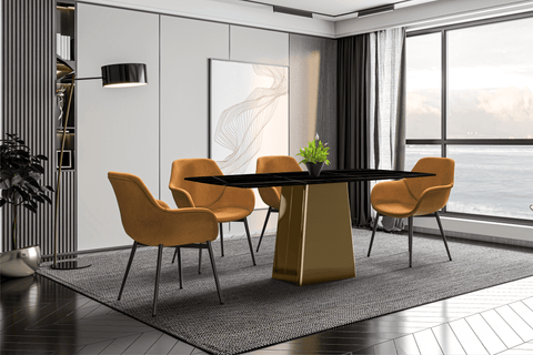 Quinix Rectangular Dining Table with Sintered Stone/Glass Tabletop and Gold Stainless Steel Base
