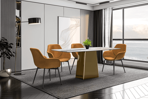 Quinix Rectangular Dining Table with Sintered Stone/Glass Tabletop and Gold Stainless Steel Base