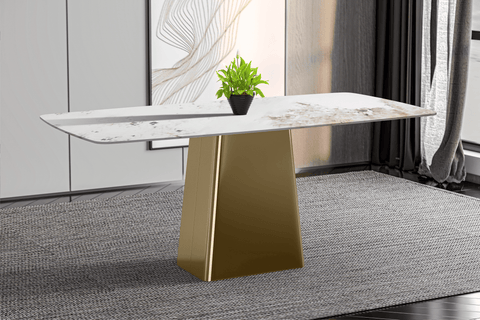 Quinix Rectangular Dining Table with Sintered Stone/Glass Tabletop and Gold Stainless Steel Base