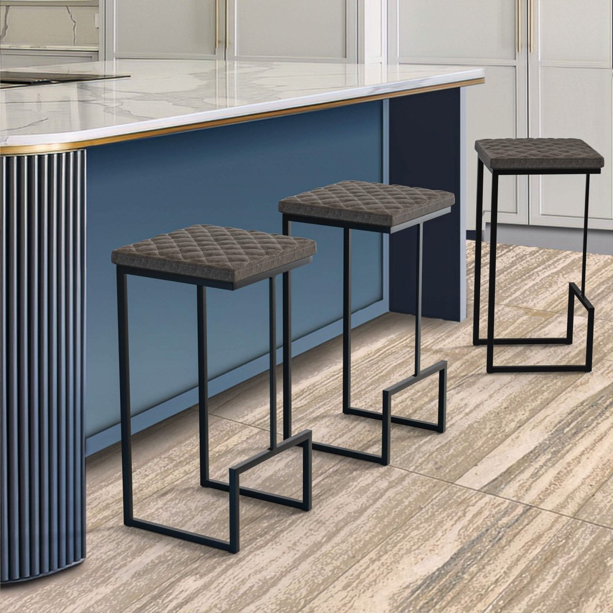 Quincy Quilted Stitched Leather Bar Stools With Gold/Black Metal Frame