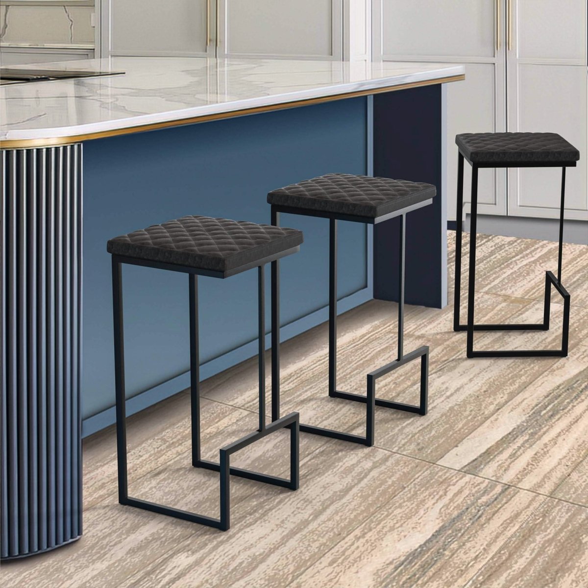 Quincy Quilted Stitched Leather Bar Stools With Gold/Black Metal Frame