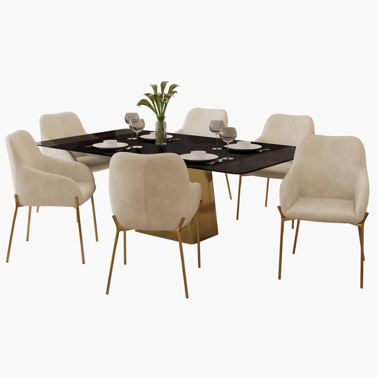 Quinix 7 - Piece Dining Set with Rectangular Glass Dining Table and 6 Upholstered Dining Arm Chairs