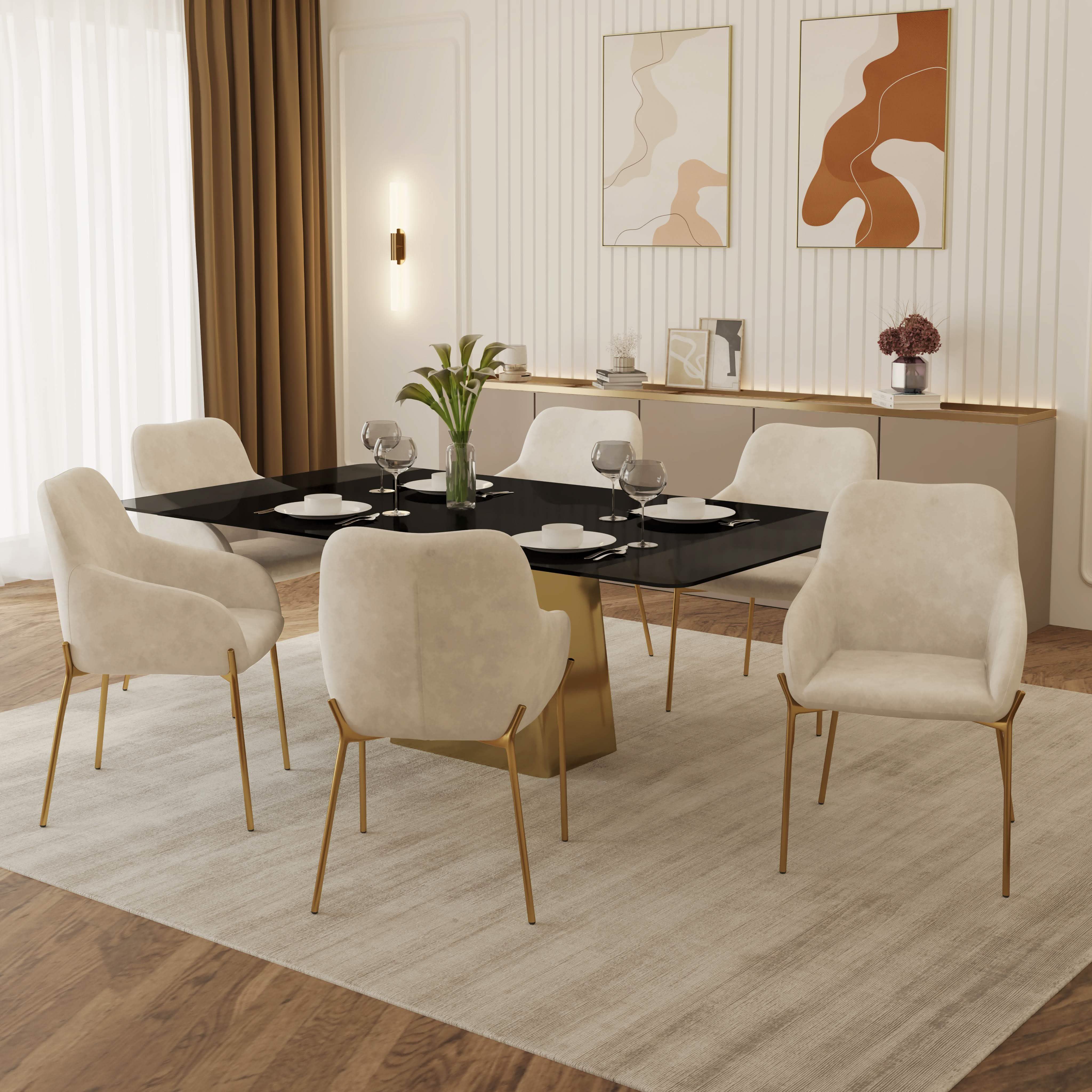 Quinix 7 - Piece Dining Set with Rectangular Glass Dining Table and 6 Upholstered Dining Arm Chairs