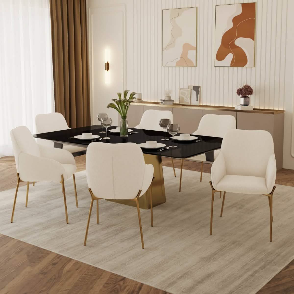 Quinix 7 - Piece Dining Set with Rectangular Glass Dining Table and 6 Upholstered Dining Arm Chairs