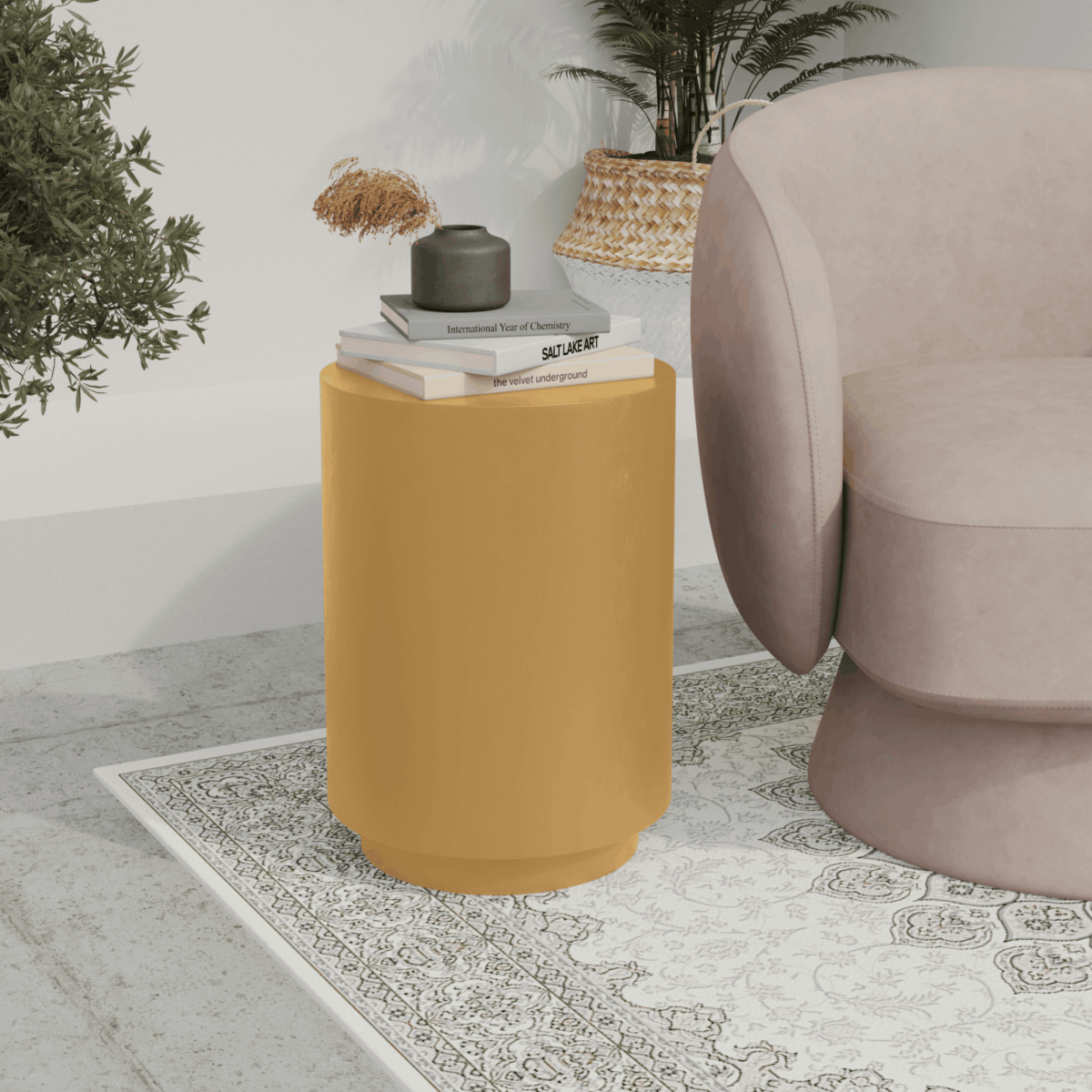 Ramble 14" Wide Round Side Fiberstone Table With Travertine/Painted Finish Tapered Base