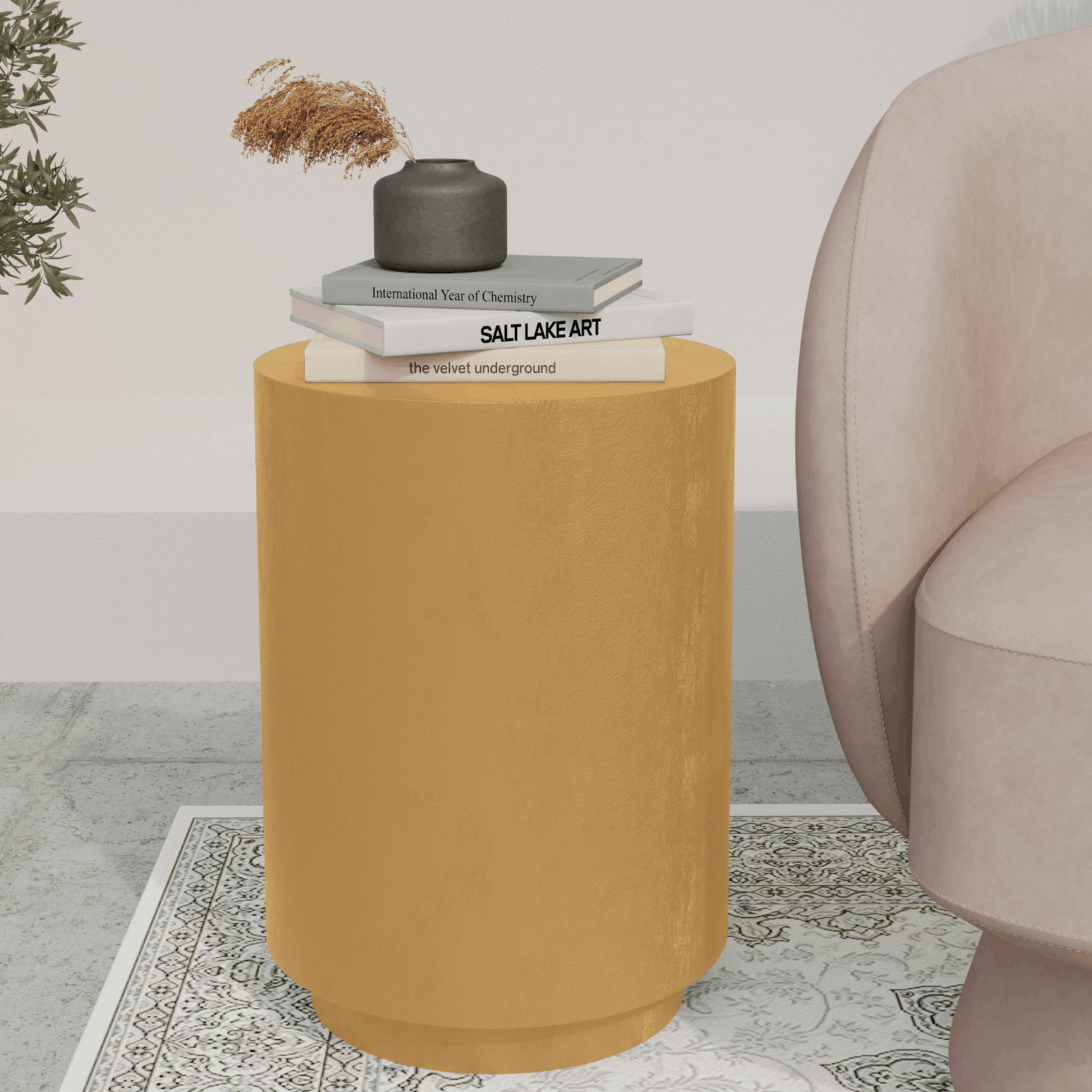 Ramble 14" Wide Round Side Fiberstone Table With Travertine/Painted Finish Tapered Base