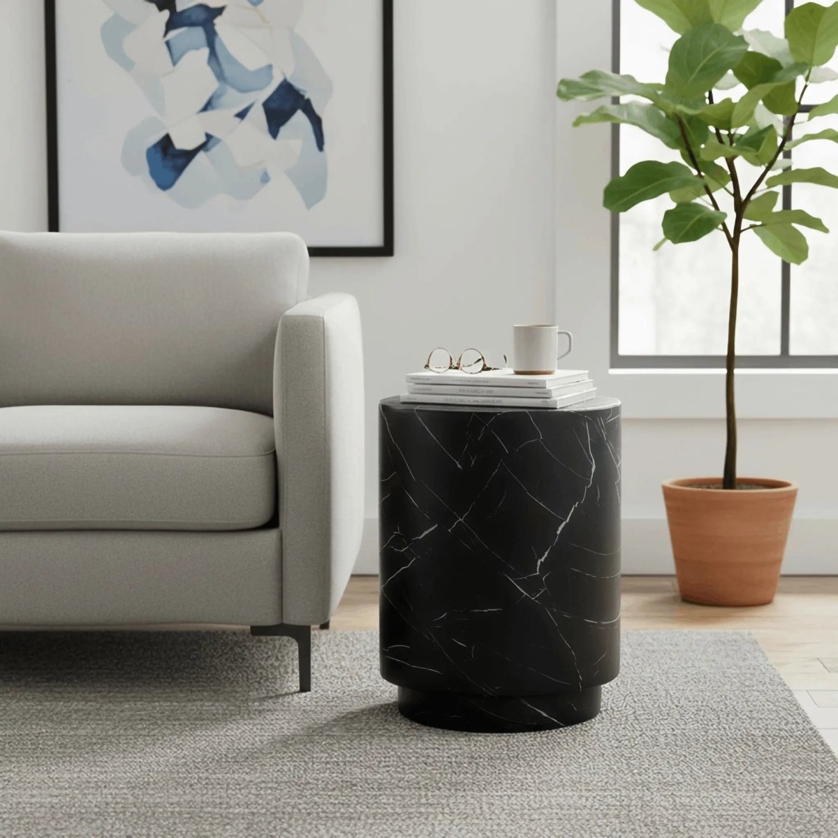 Ramble 14" Wide Round Side Table – Modern Fiberstone Accent End Table for Indoor Outdoor Black Marble Side Table Leisuremod