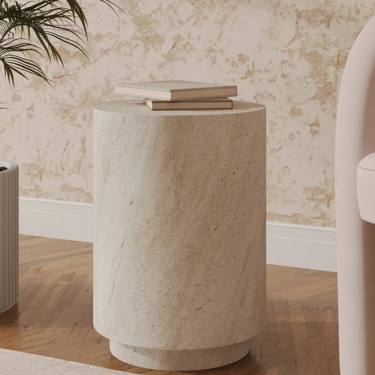 Ramble 14" Wide Round Side Table – Modern Fiberstone Accent End Table for Indoor Outdoor Travertine Side Table Leisuremod