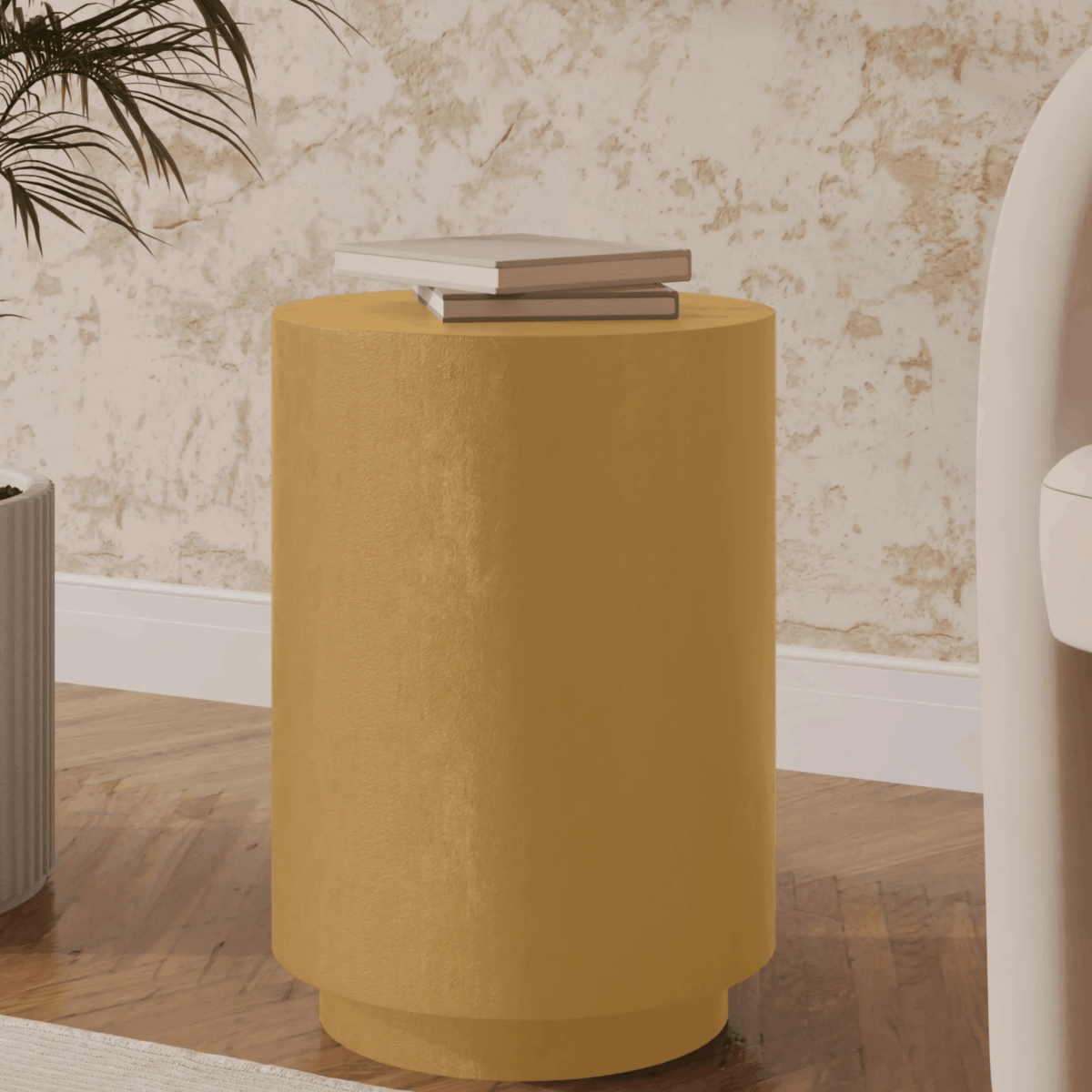 Ramble 14" Wide Round Side Table – Modern Fiberstone Accent End Table for Indoor Outdoor Beige Side Table Leisuremod