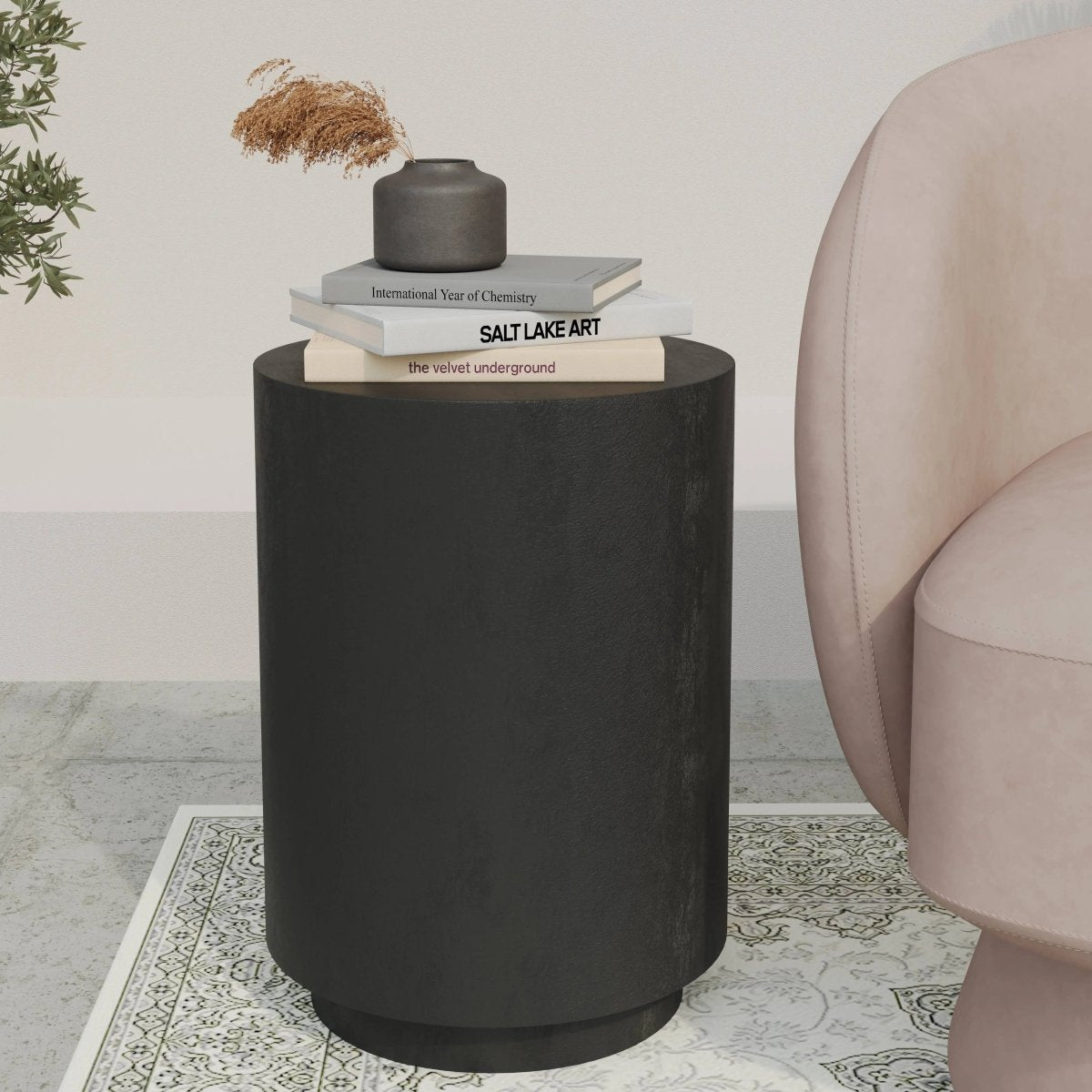 Ramble 14" Wide Round Side Table – Modern Fiberstone Accent End Table for Indoor Outdoor Black Side Table Leisuremod