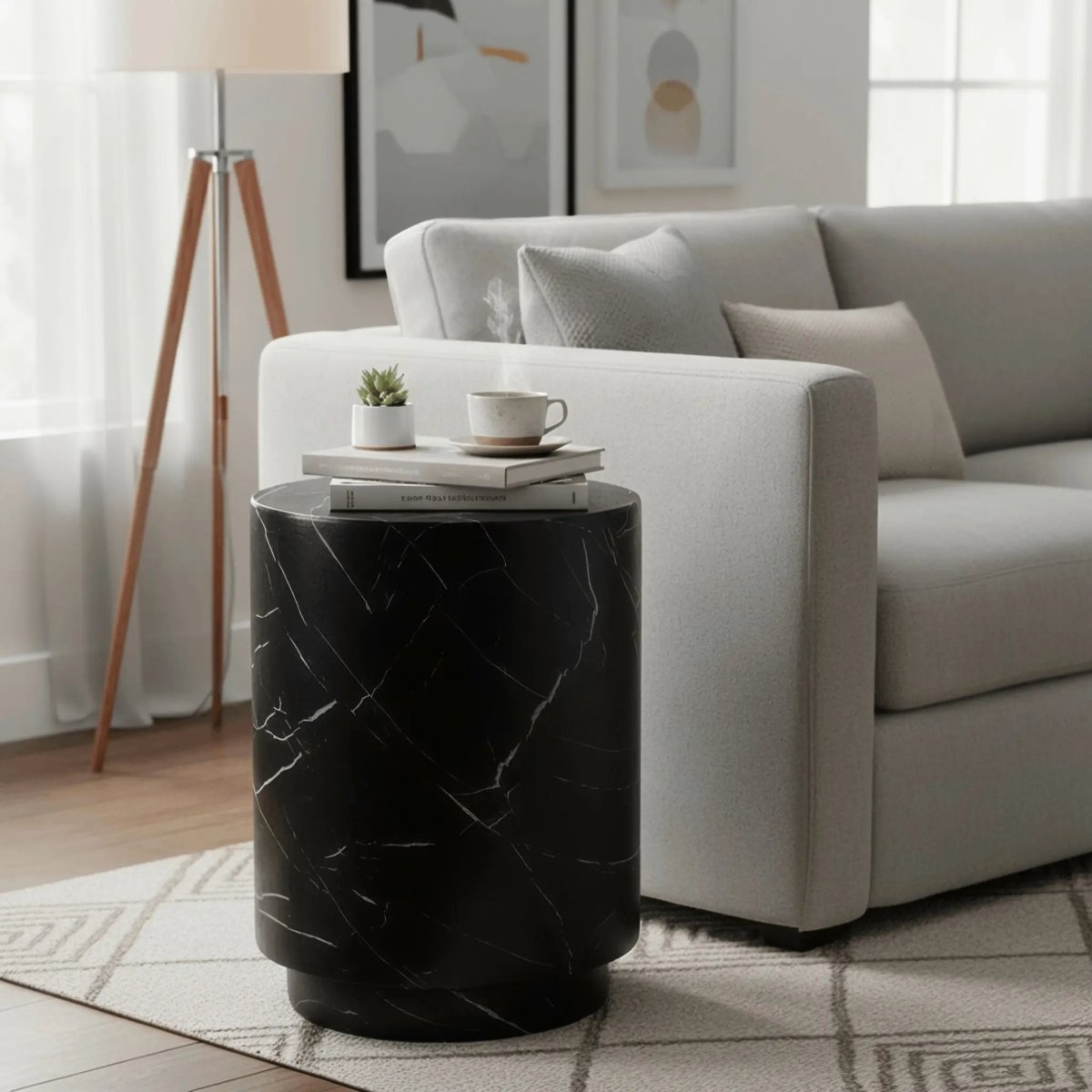 Ramble 14" Wide Round Side Table – Modern Fiberstone Accent End Table for Indoor Outdoor Black Marble Side Table Leisuremod