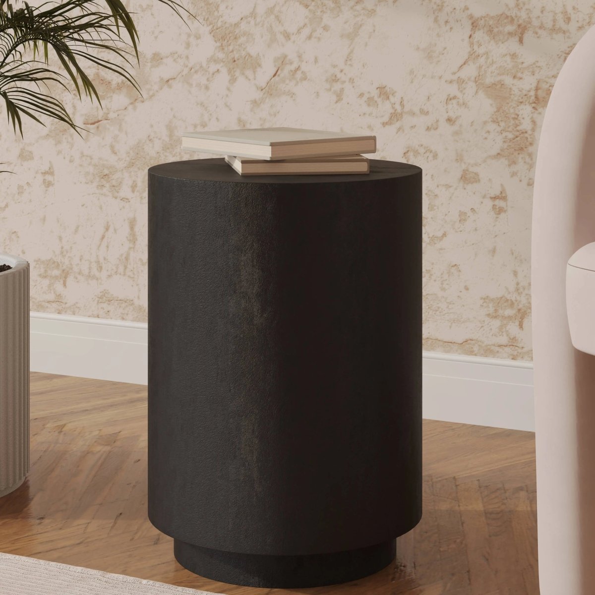 Ramble 14" Wide Round Side Table – Modern Fiberstone Accent End Table for Indoor Outdoor Black Side Table Leisuremod