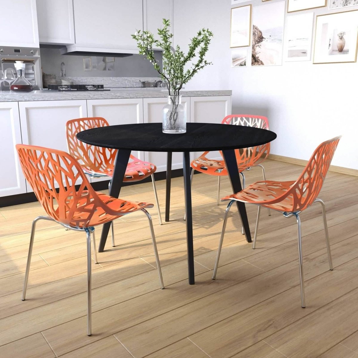 Ravenna 5 - Piece Dining Set: 4 Stackable Plastic Chairs & Round Wood Table, Metal Base