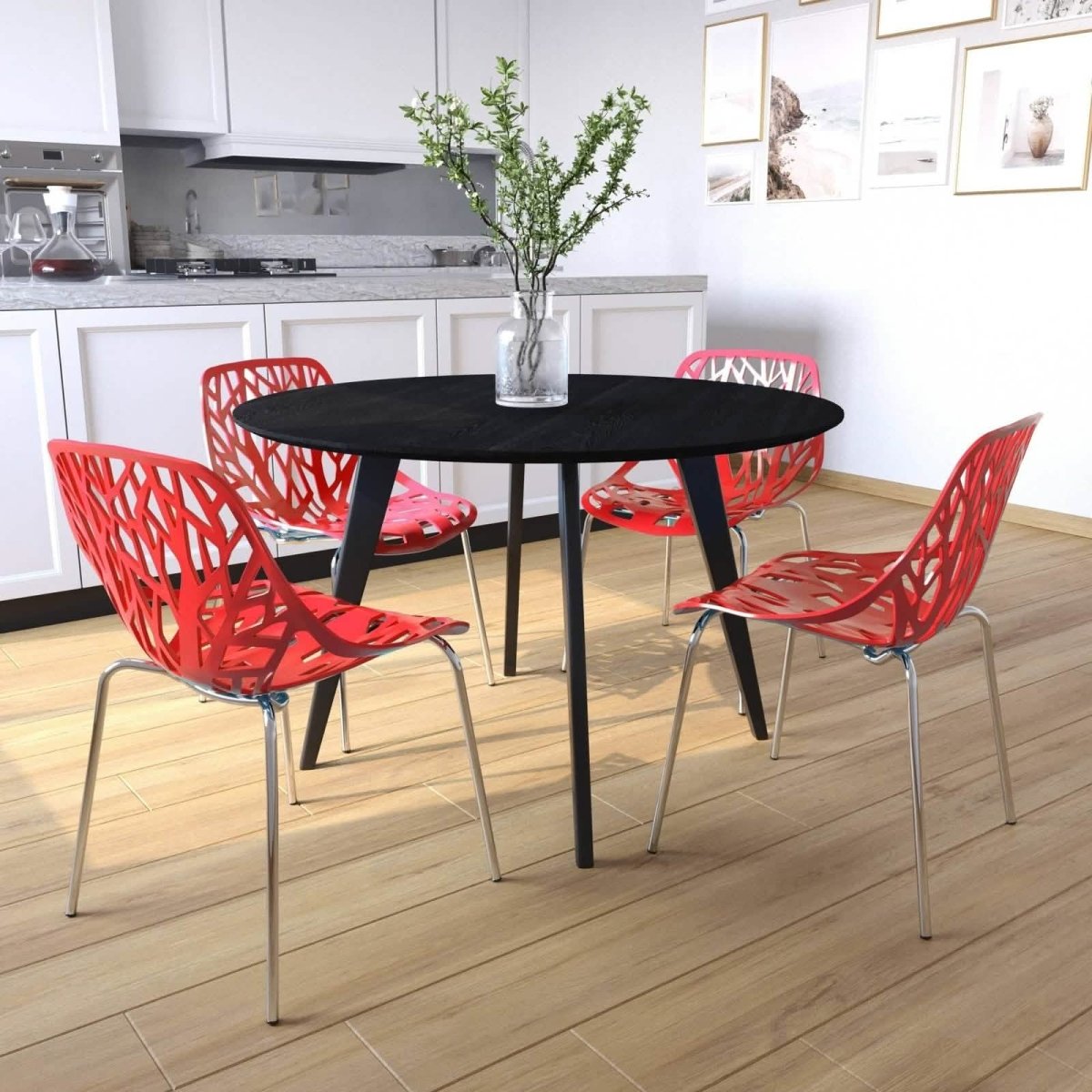 Ravenna 5 - Piece Dining Set: 4 Stackable Plastic Chairs & Round Wood Table, Metal Base