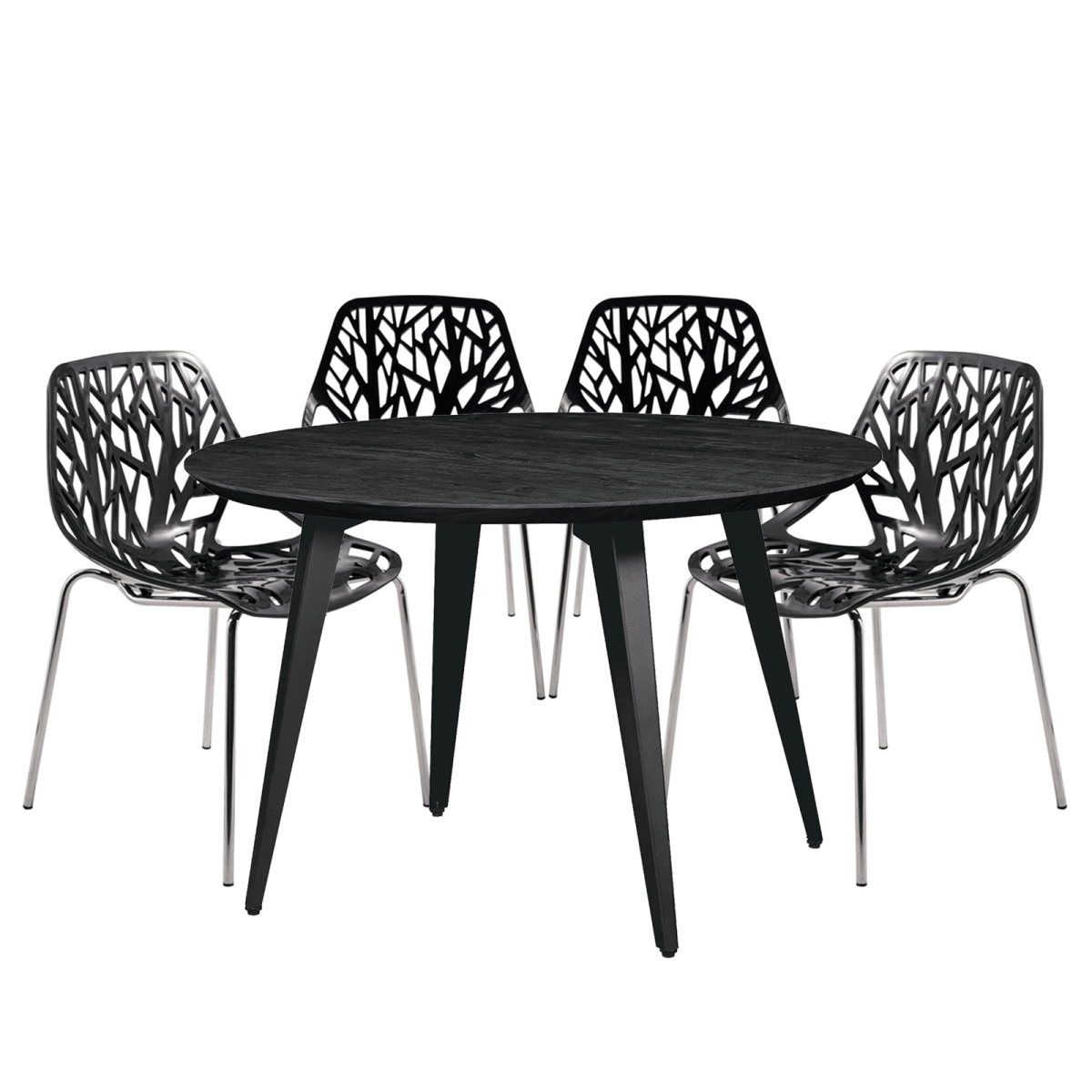 Ravenna 5 - Piece Dining Set: 4 Stackable Plastic Chairs & Round Wood Table, Metal Base