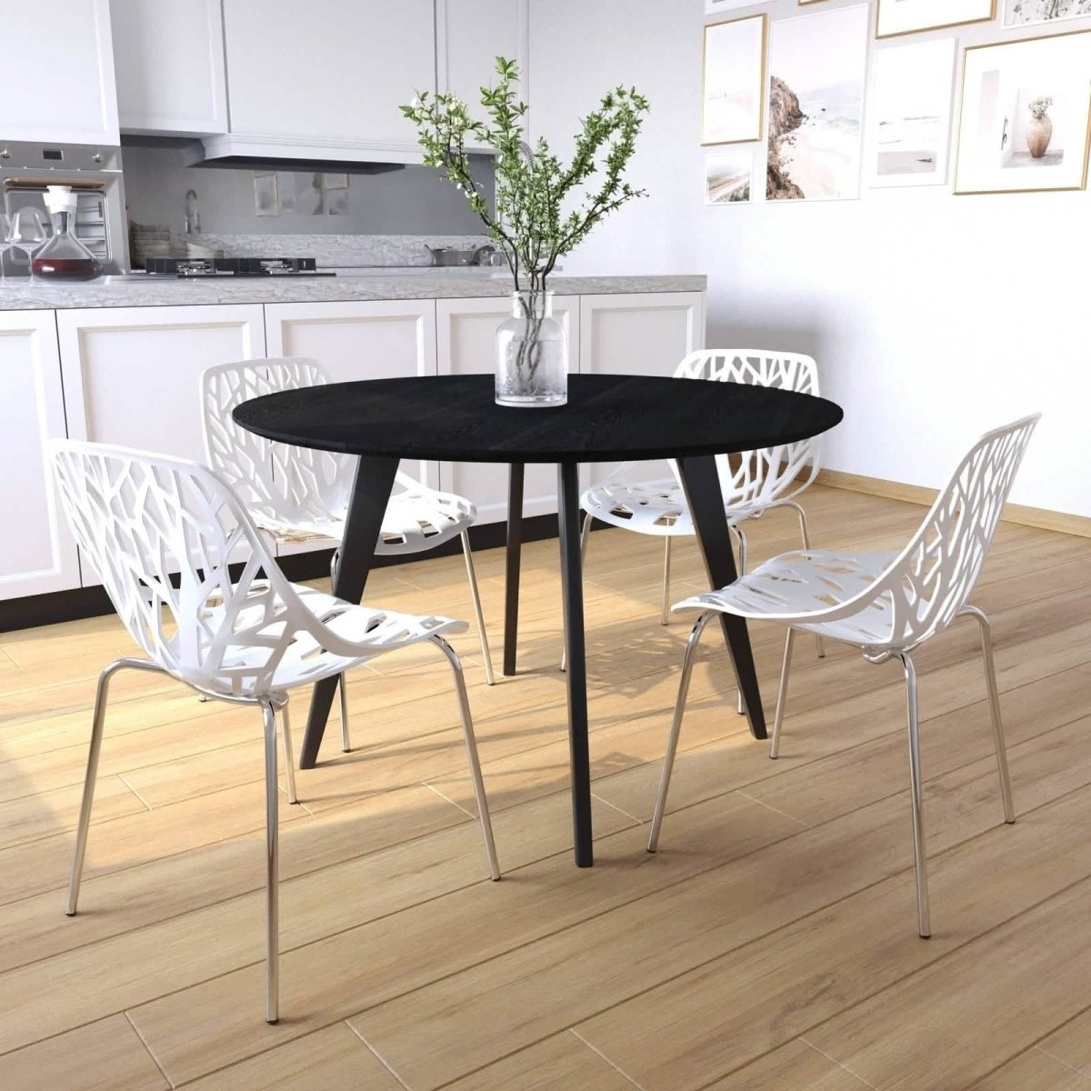 Ravenna 5 - Piece Dining Set: 4 Stackable Plastic Chairs & Round Wood Table, Metal Base