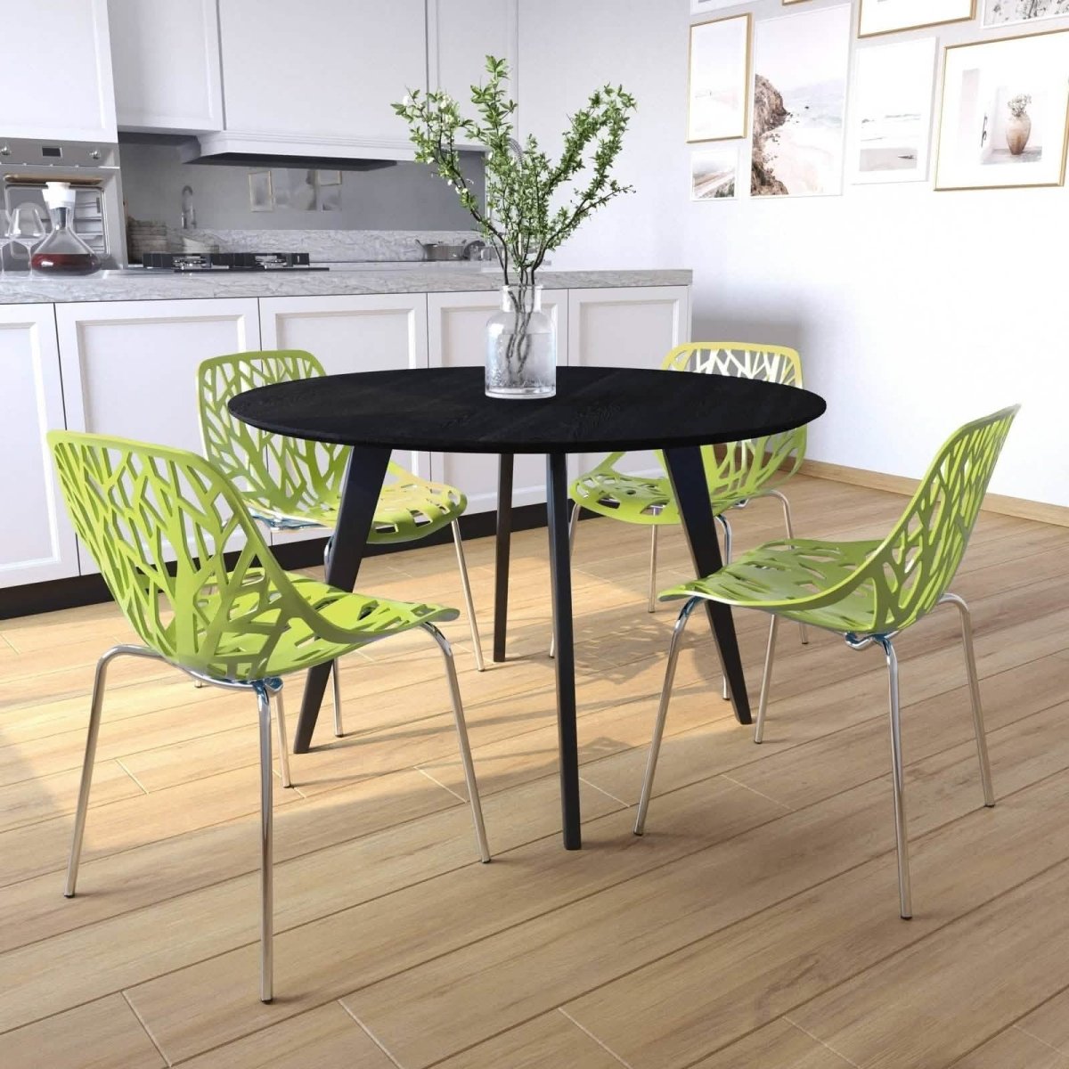 Ravenna 5 - Piece Dining Set: 4 Stackable Plastic Chairs & Round Wood Table, Metal Base