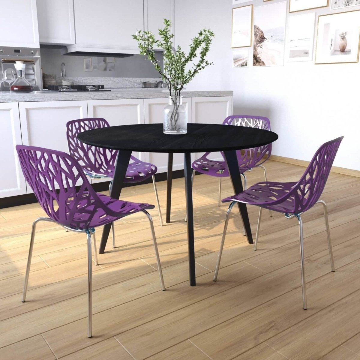 Ravenna 5 - Piece Dining Set: 4 Stackable Plastic Chairs & Round Wood Table, Metal Base