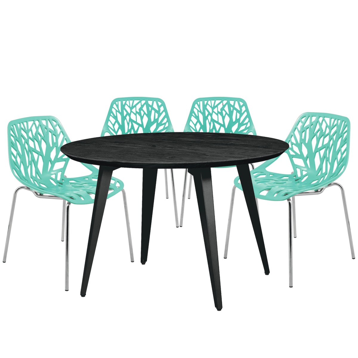 Ravenna 5 - Piece Dining Set: 4 Stackable Plastic Chairs & Round Wood Table, Metal Base