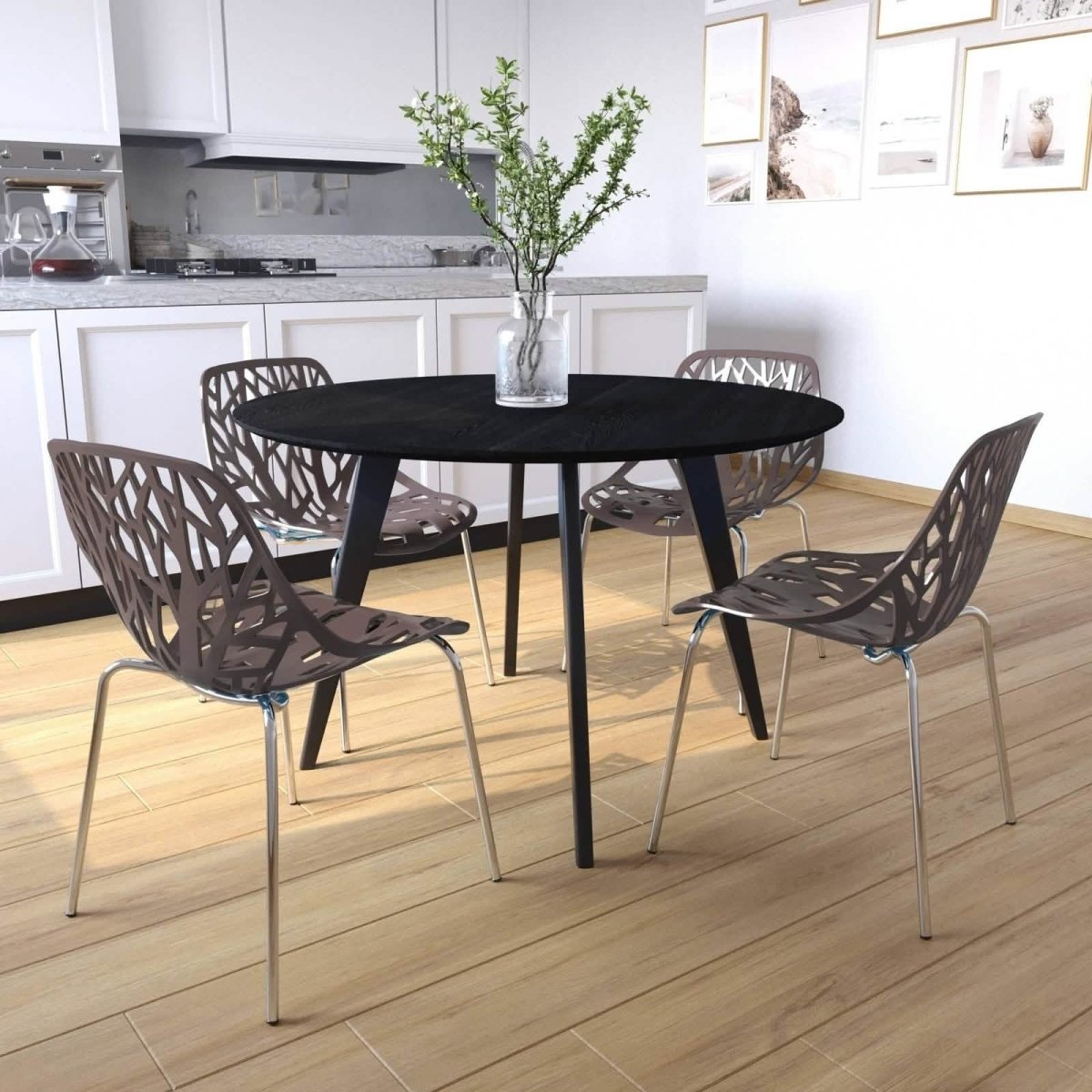 Ravenna 5 - Piece Dining Set: 4 Stackable Plastic Chairs & Round Wood Table, Metal Base