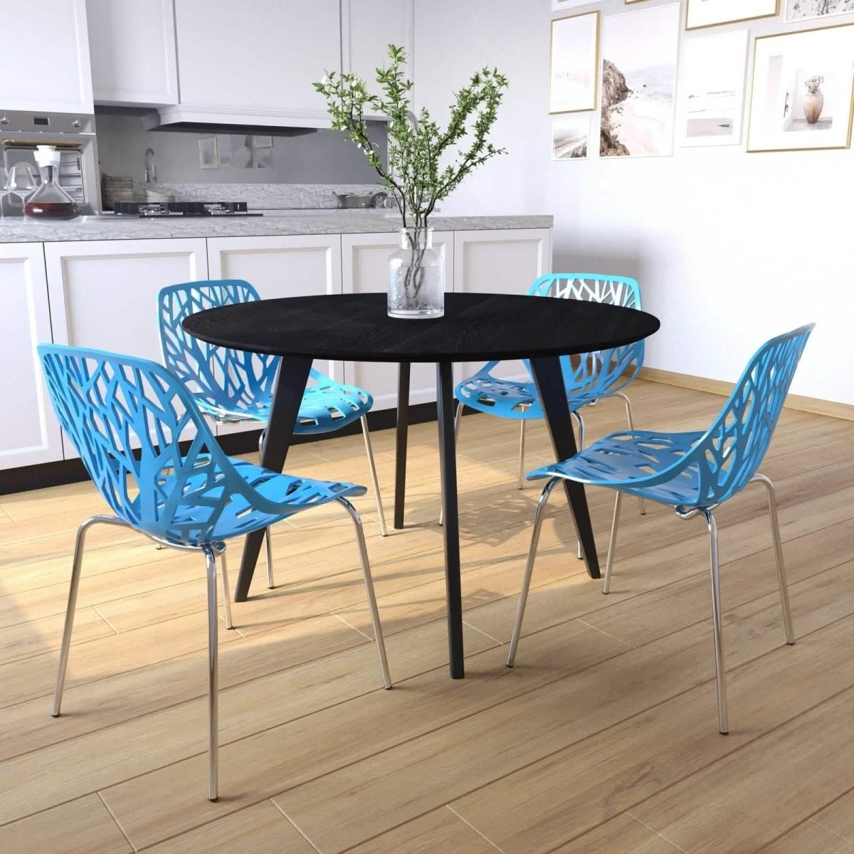 Ravenna 5 - Piece Dining Set: 4 Stackable Plastic Chairs & Round Wood Table, Metal Base
